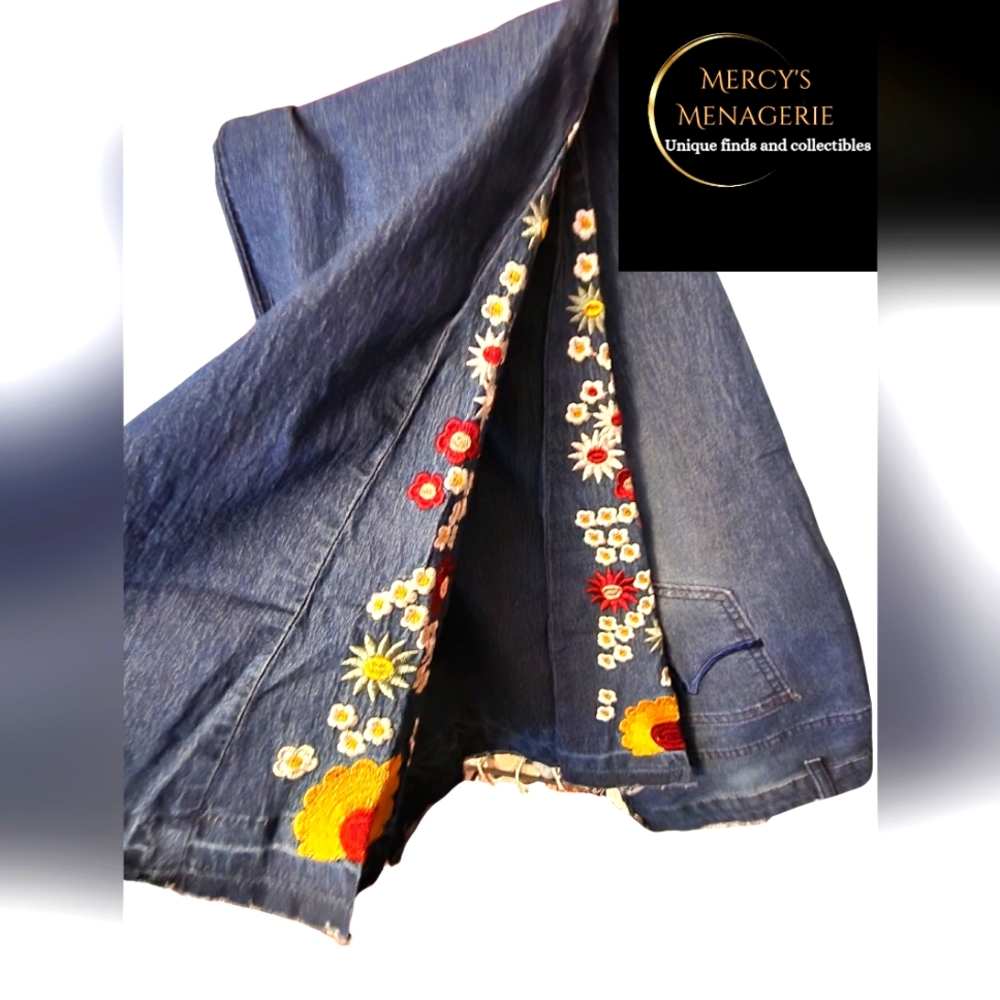 Embroidered flower denim bell bottoms